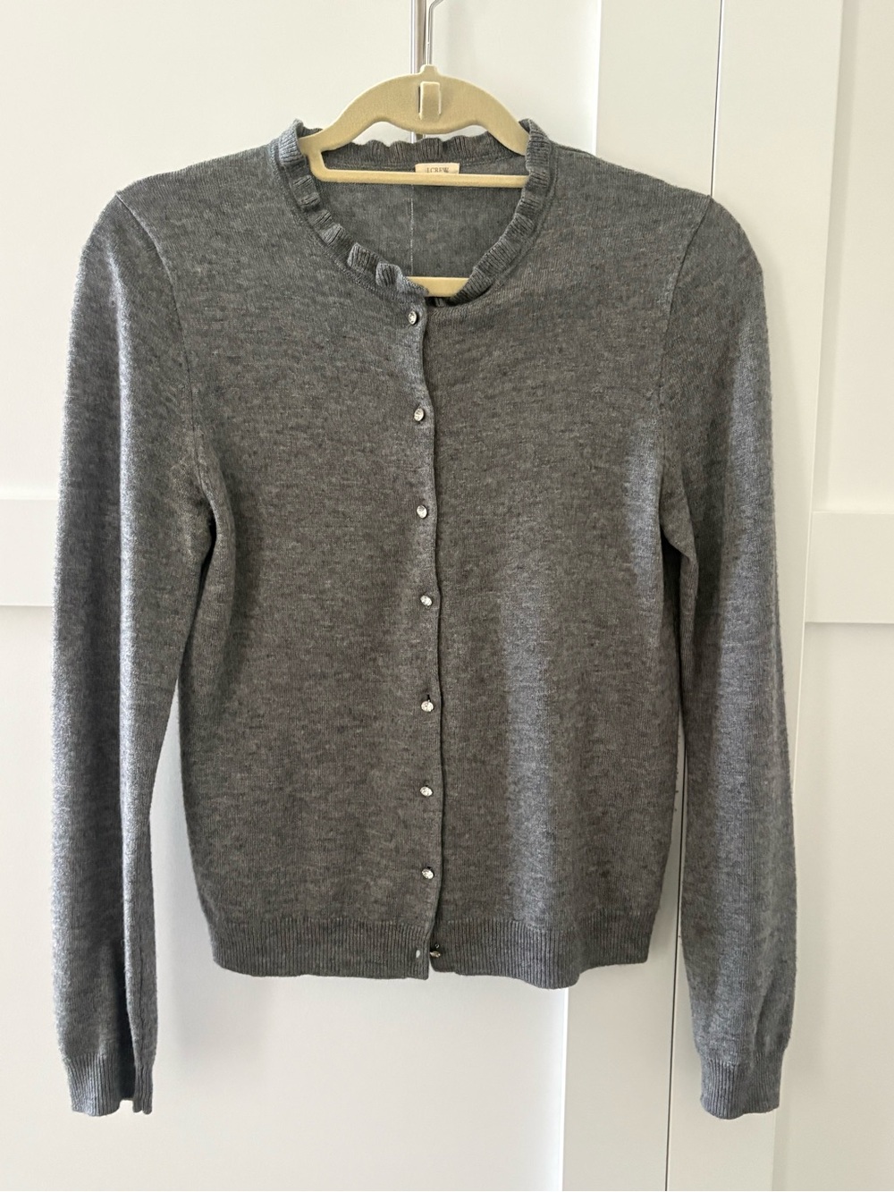 J. Crew Gray Crewneck Cardigan with Rhinestone Buttons
